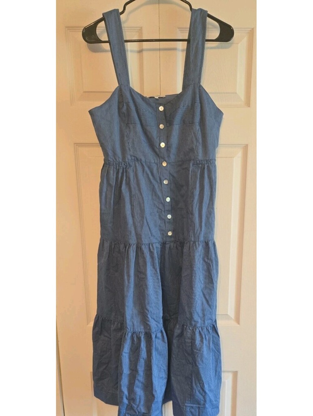 Madewell Blue White Strip Dress Sz 6 Button front tiered midi Boho Cottagecore